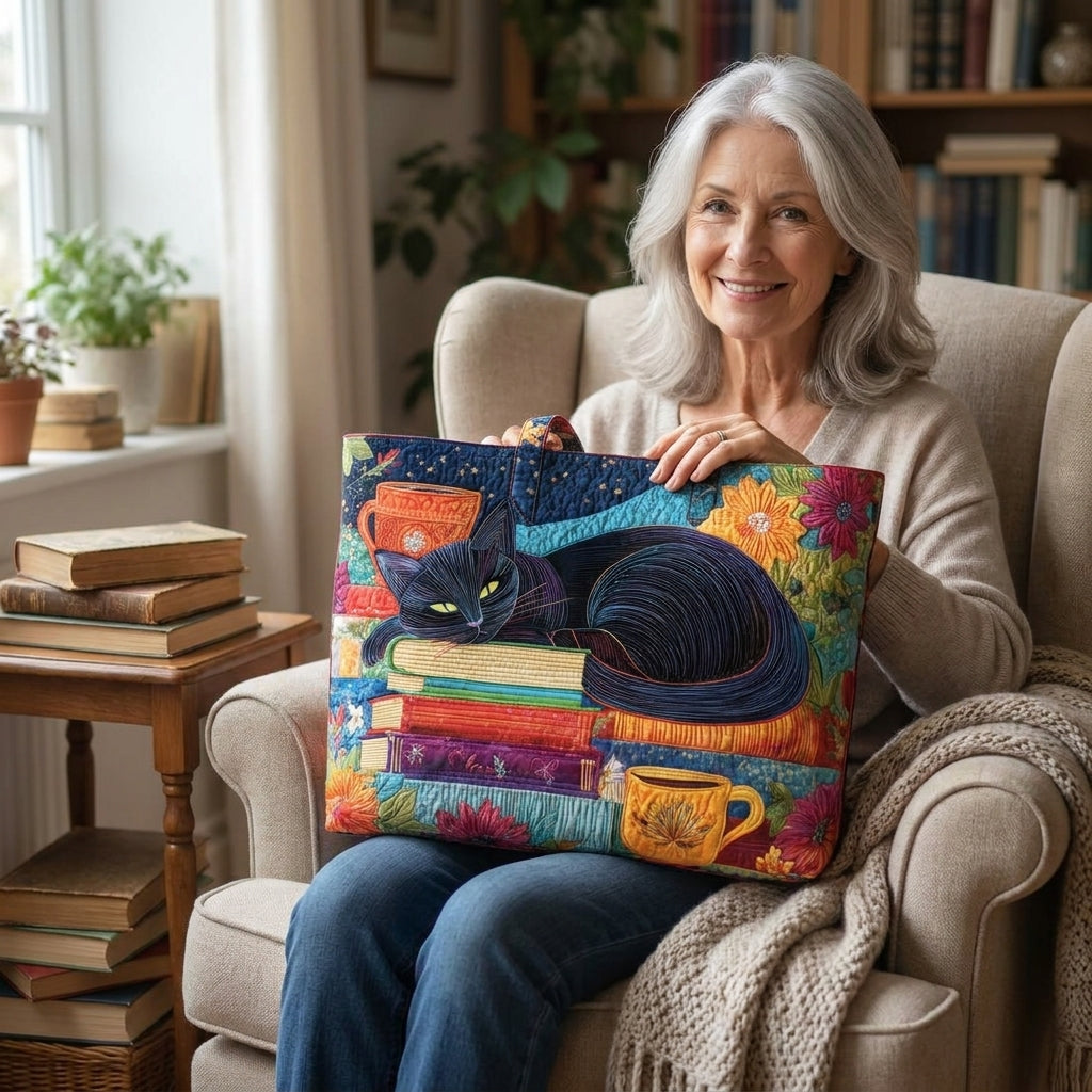 Artisan-Tasche – Schwarze Katze mit Büchern und Tassen