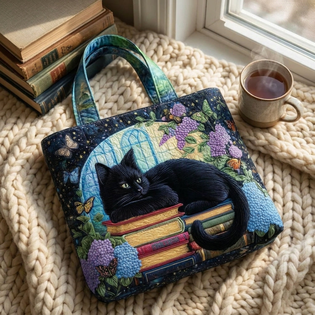 Handgefertigte Tasche – Schwarze Katze auf Büchern
