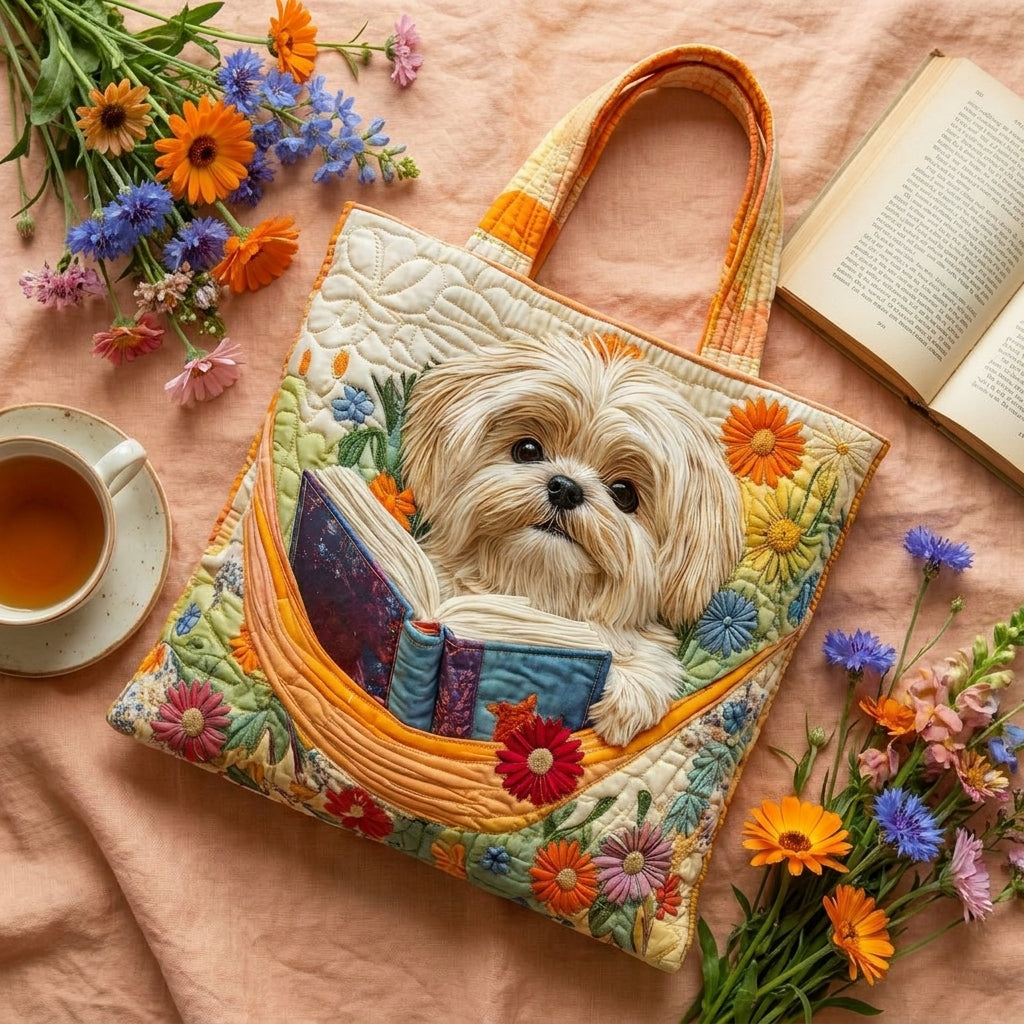 Handgefertigte Tasche – Shih Tzu mit Büchern und Blumen