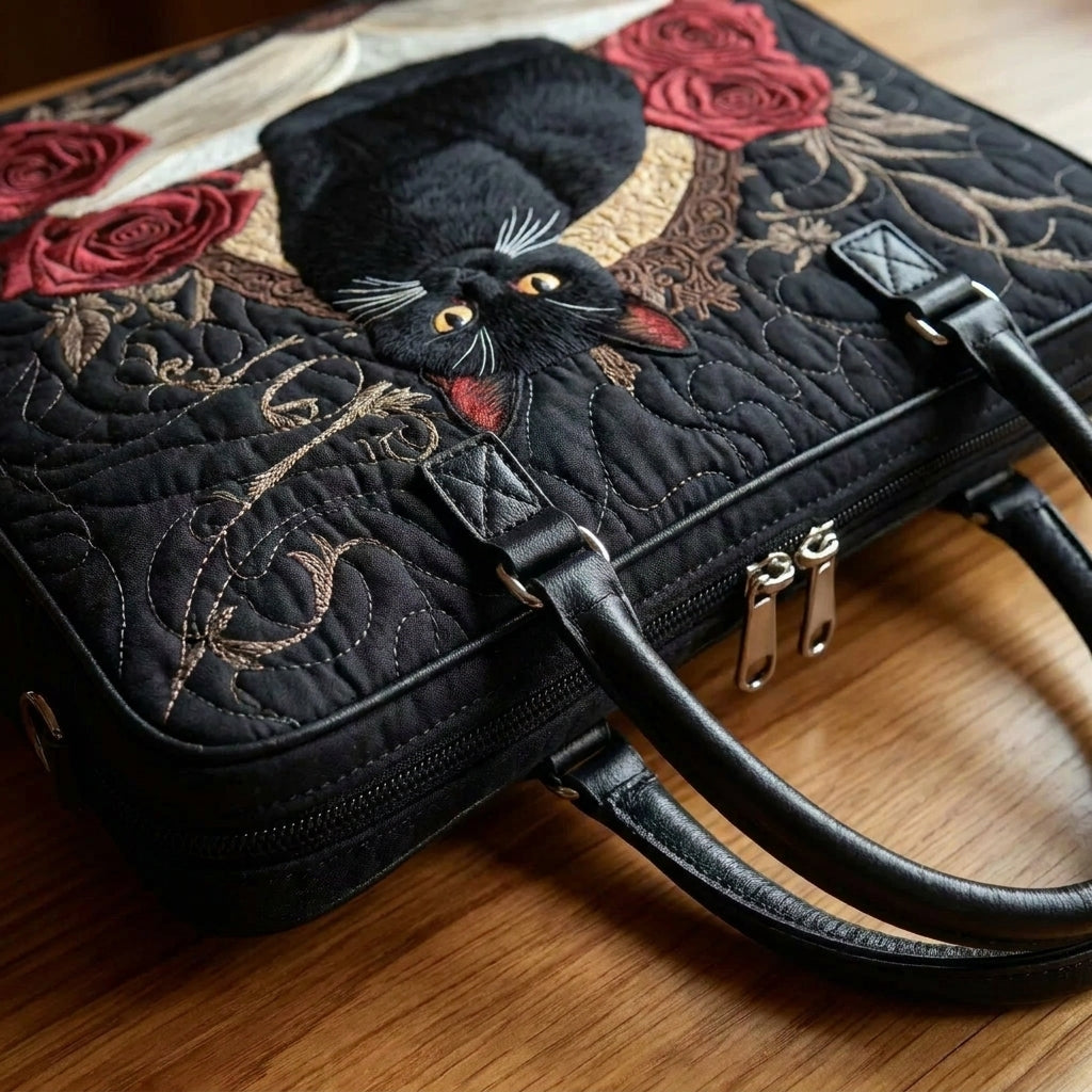 Gesteppte Artisan-Tasche – Schwarze Katze auf Büchern