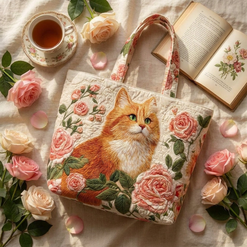 Handgefertigte Tasche – Orangefarbene Katze mit Rosen
