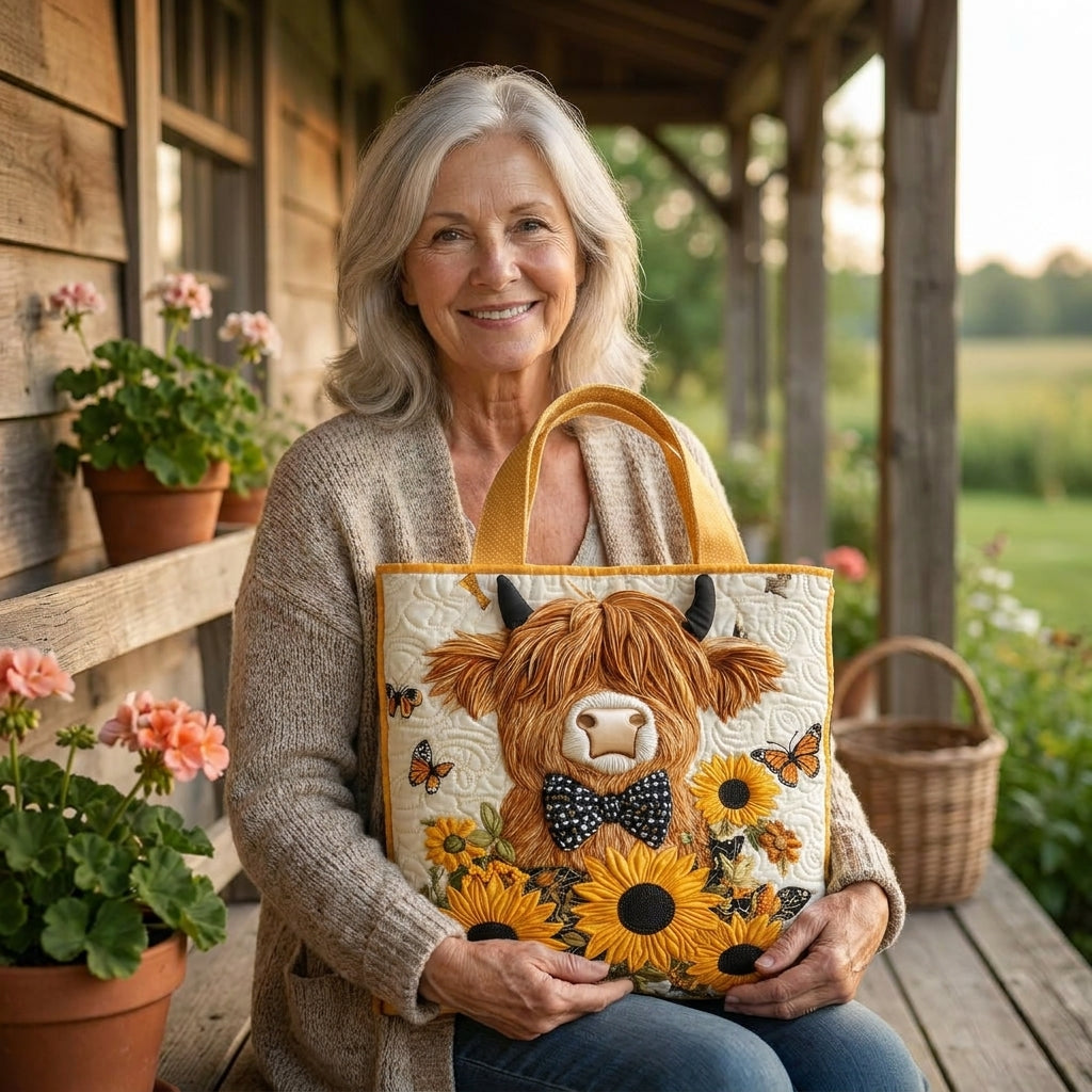 Gesteppte Tasche – Highland-Kuh mit Sonnenblumen
