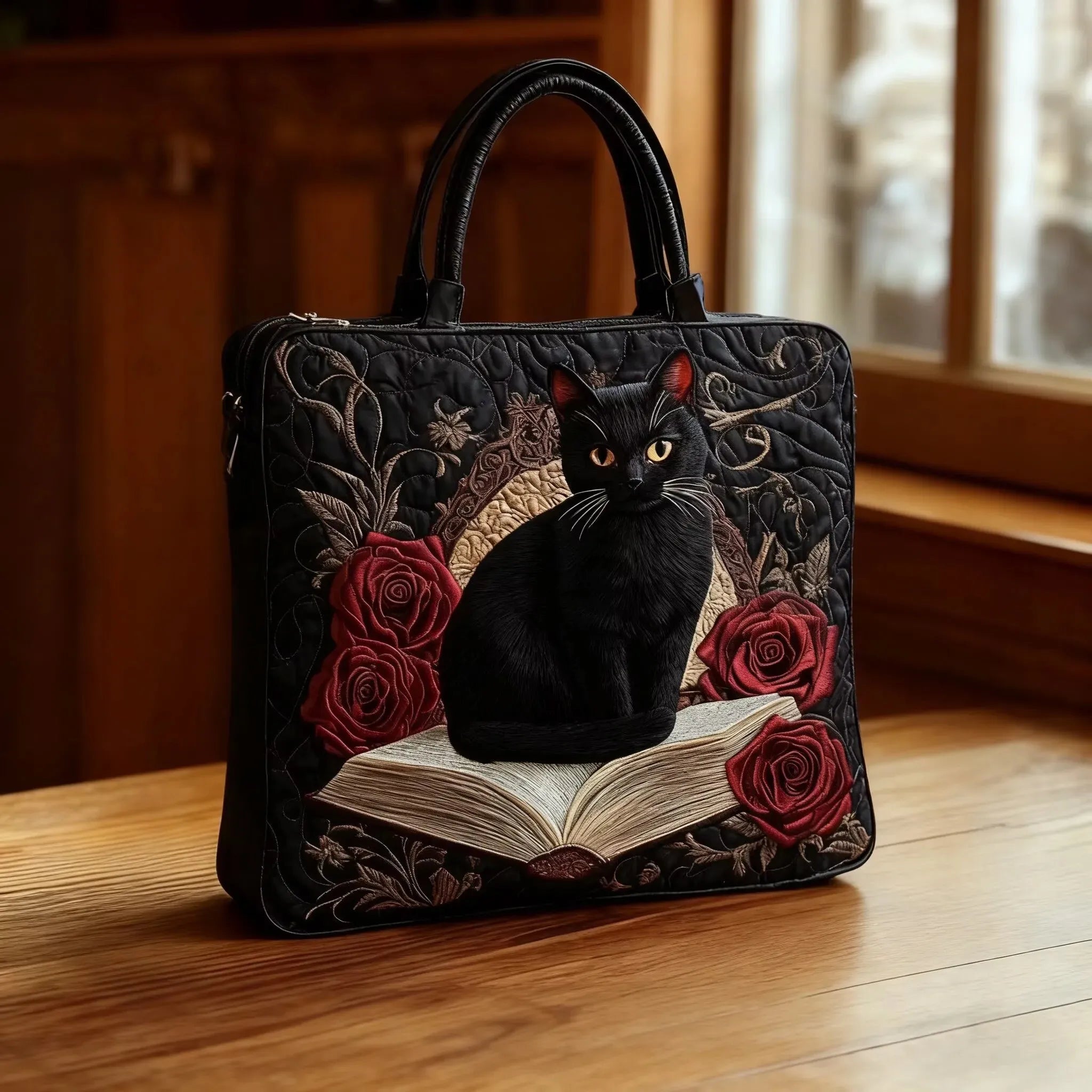 Gesteppte Artisan-Tasche – Schwarze Katze auf Büchern
