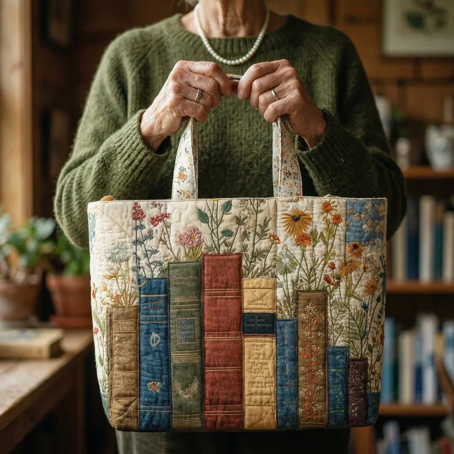 Handgefertigte Stepptasche – Bücher und Blumen