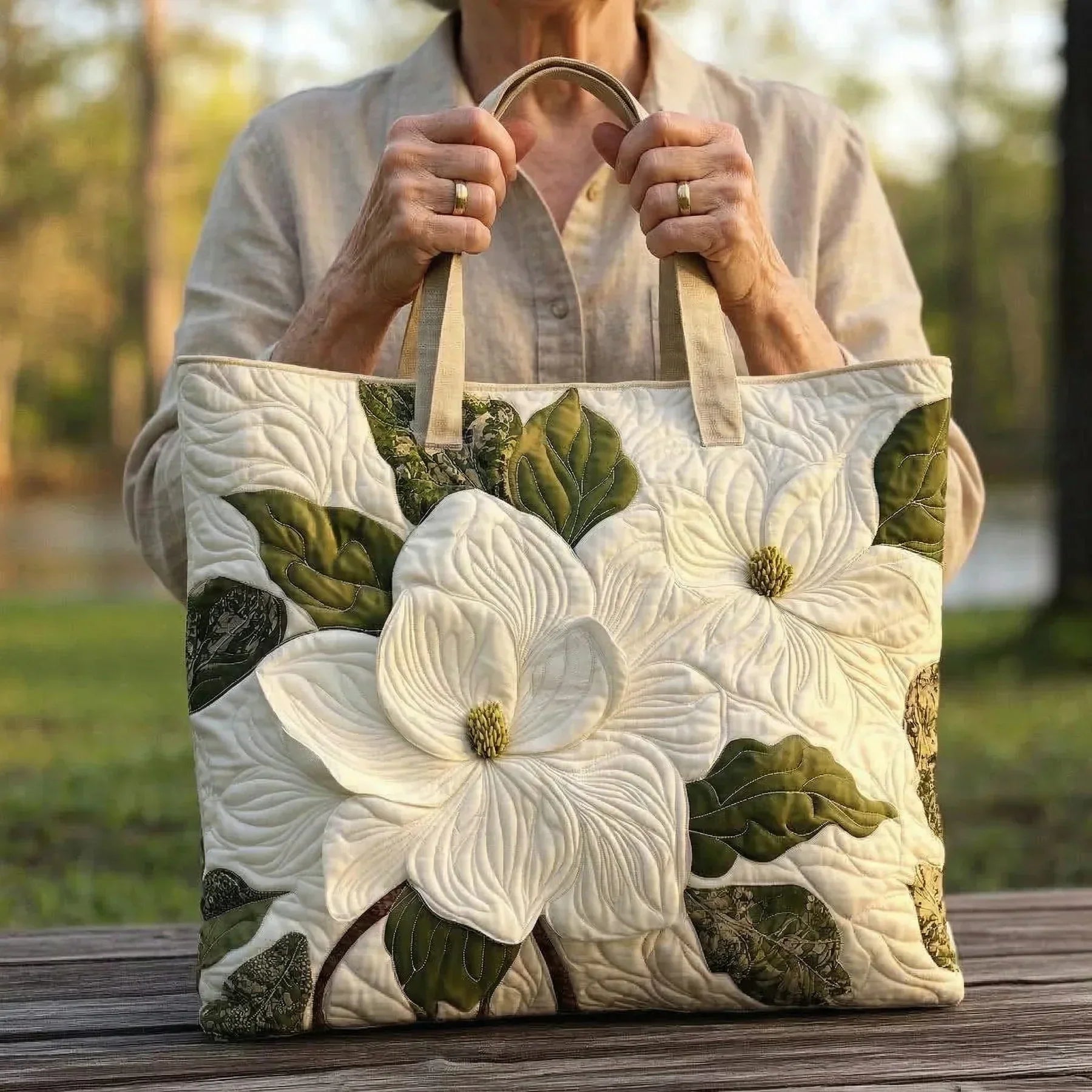 Handgefertigte, gesteppte Tragetasche – Elegante weiße Lilien