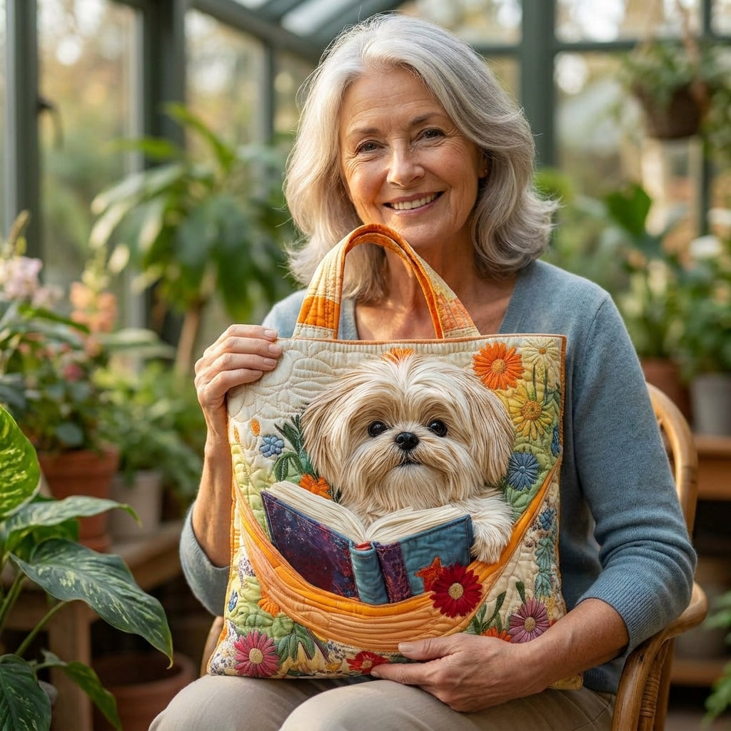 Handgefertigte Tasche – Shih Tzu mit Büchern und Blumen