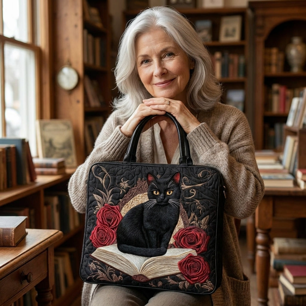 Gesteppte Artisan-Tasche – Schwarze Katze auf Büchern