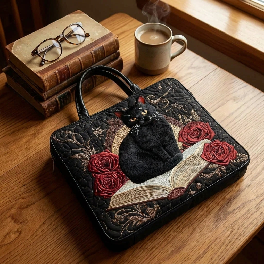 Gesteppte Artisan-Tasche – Schwarze Katze auf Büchern