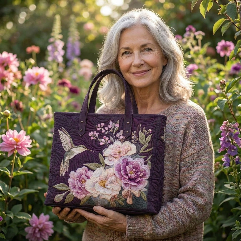 Handgefertigte gesteppte Tasche – Kolibris und Orchideen