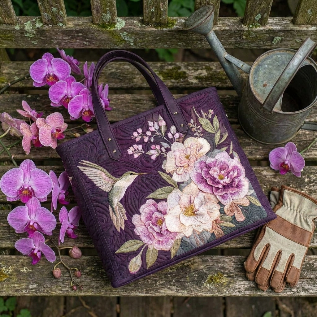 Handgefertigte gesteppte Tasche – Kolibris und Orchideen