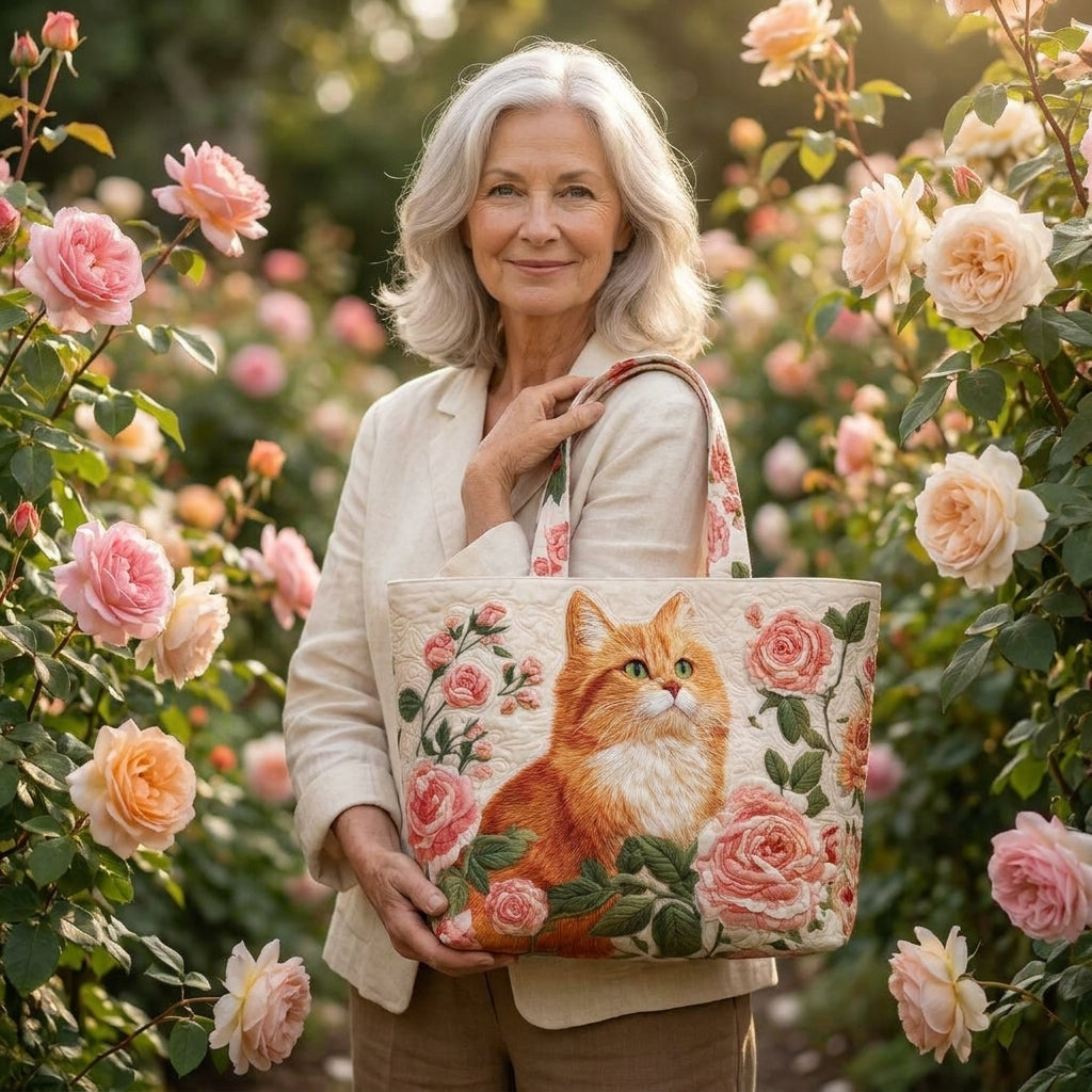 Handgefertigte Tasche – Orangefarbene Katze mit Rosen