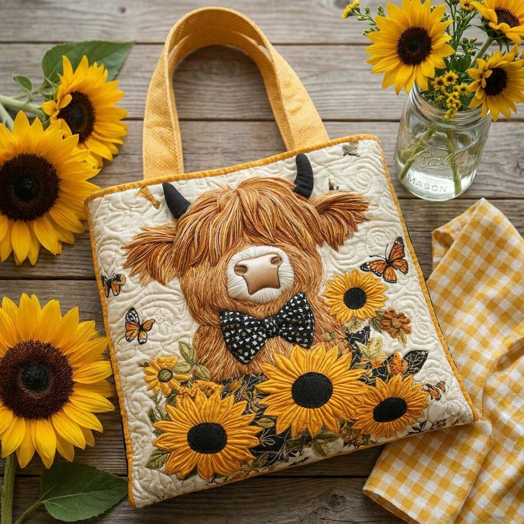Gesteppte Tasche – Highland-Kuh mit Sonnenblumen