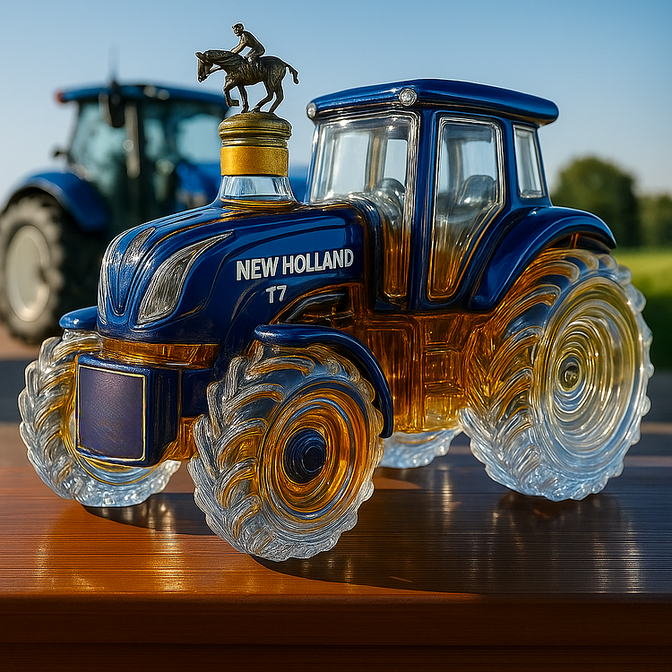 Klassische Whiskykaraffe in Form eines New Holland T7 Traktors