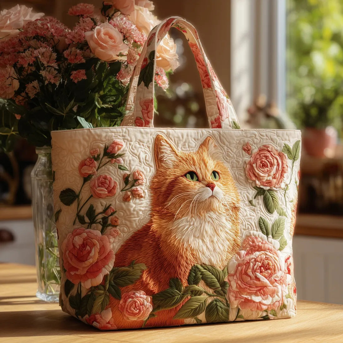 Handgefertigte Tasche – Orangefarbene Katze mit Rosen