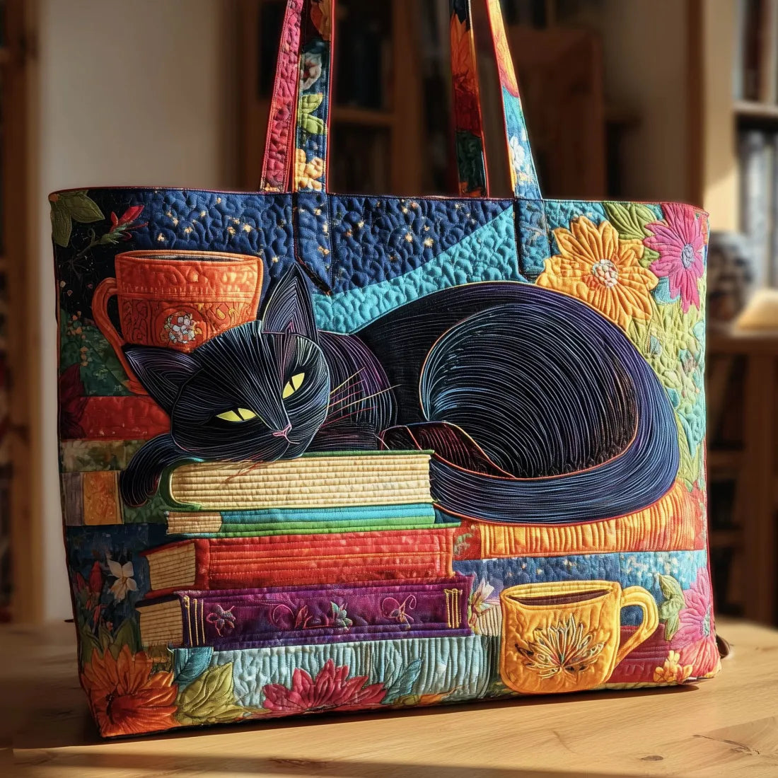 Artisan-Tasche – Schwarze Katze mit Büchern und Tassen