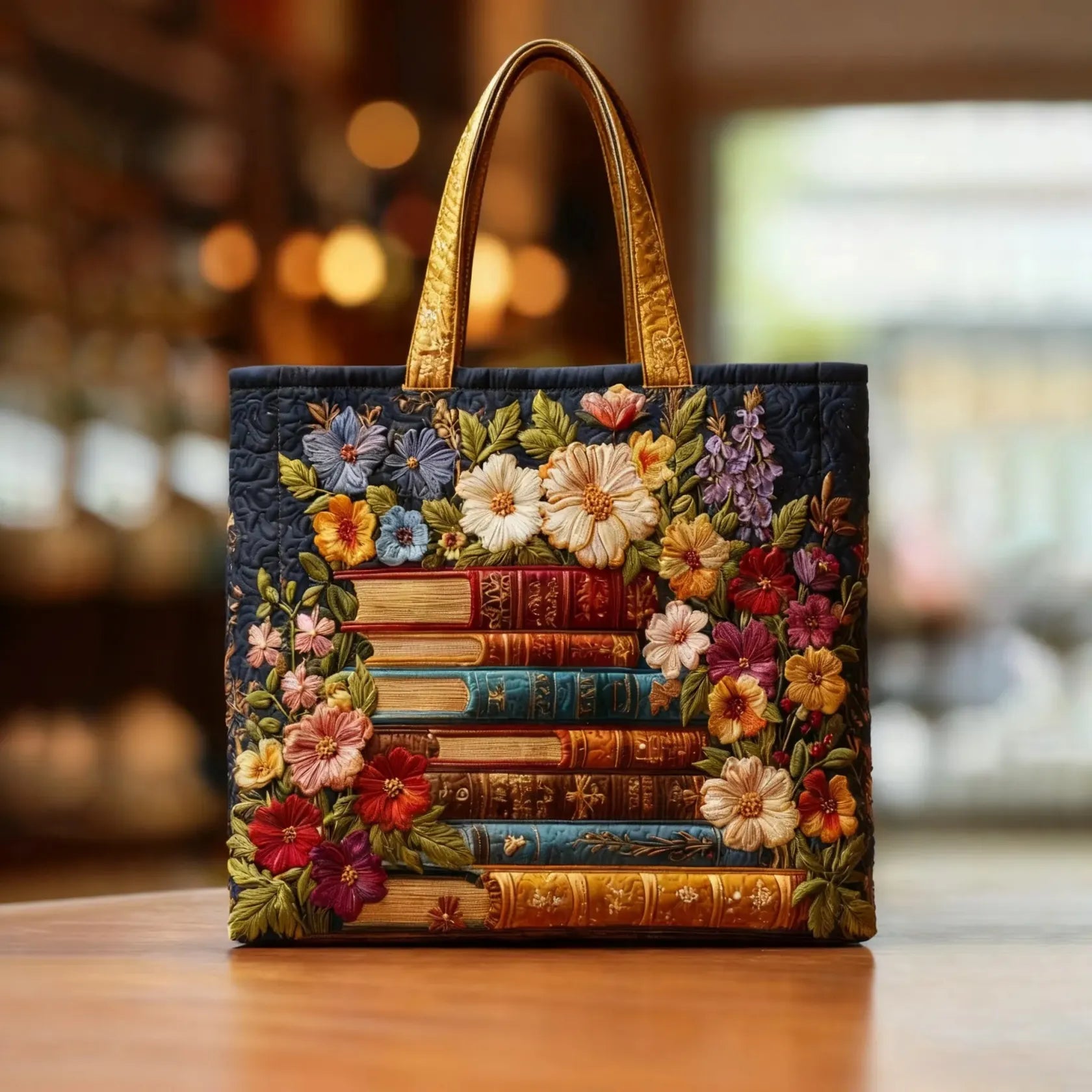 Handgefertigte Tragetasche – Blumenmuster und Bücher