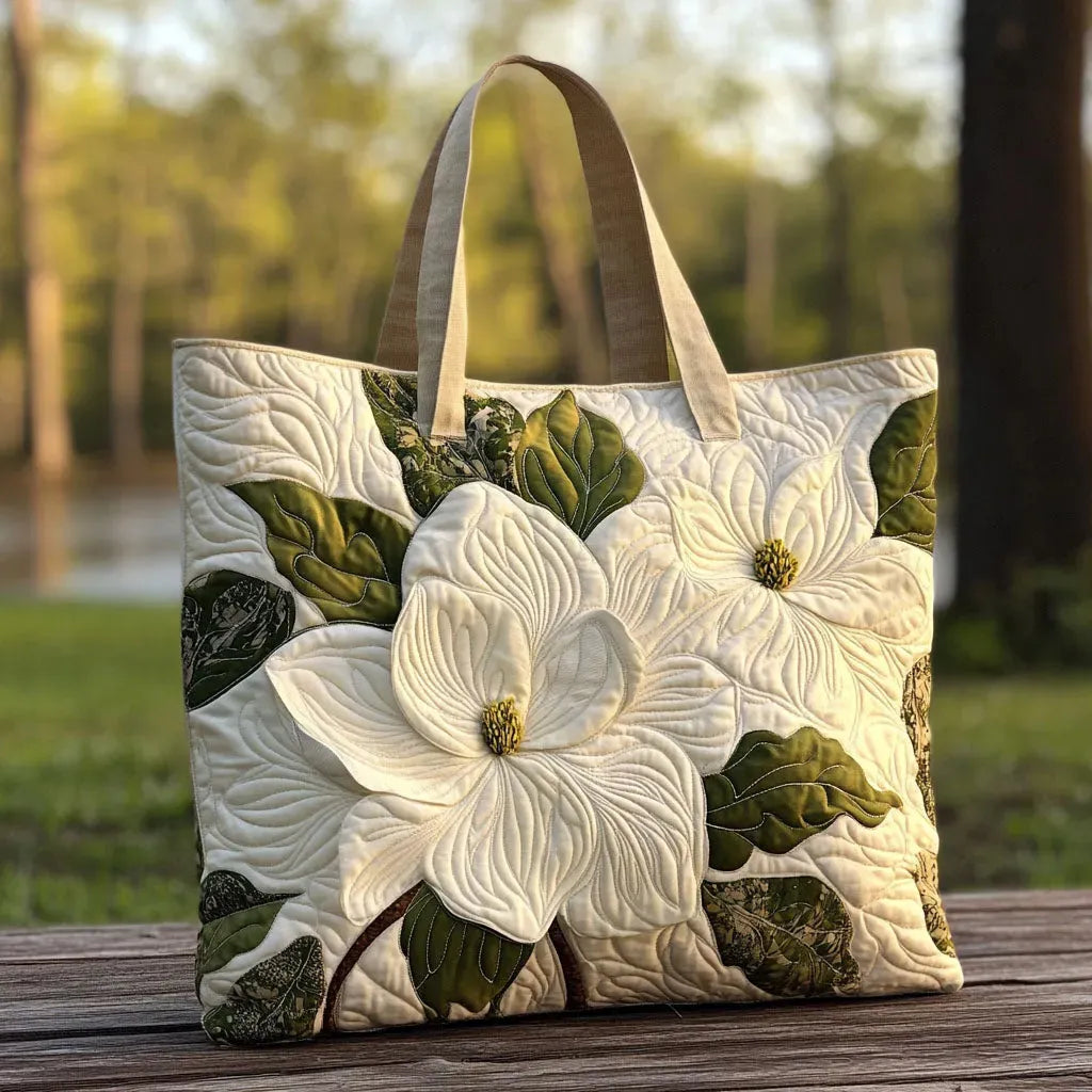 Handgefertigte, gesteppte Tragetasche – Elegante weiße Lilien
