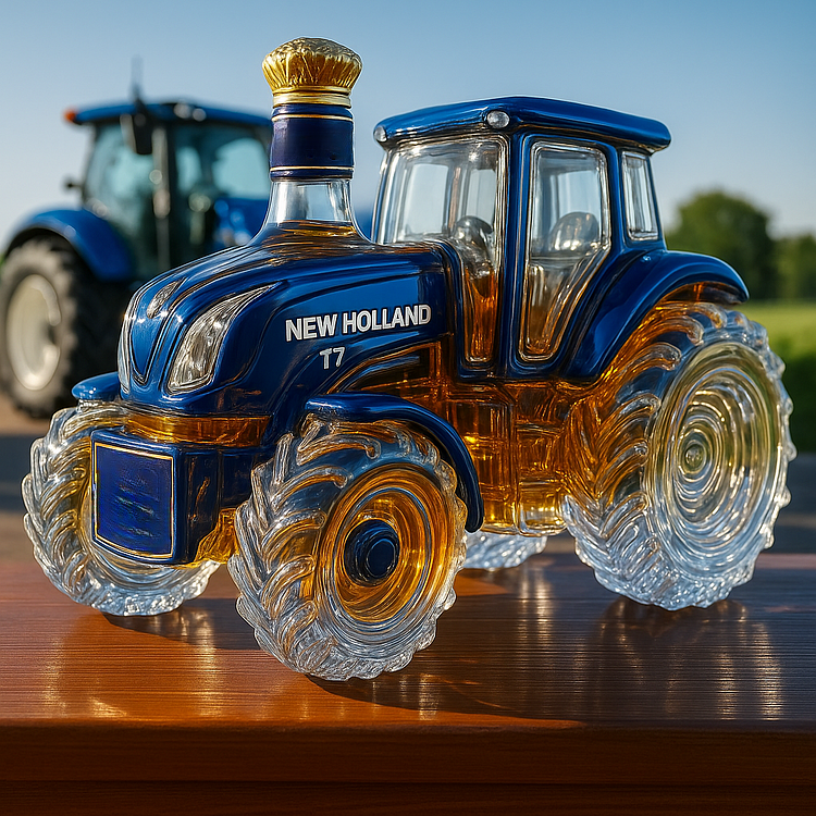 Klassische Whiskykaraffe in Form eines New Holland T7 Traktors