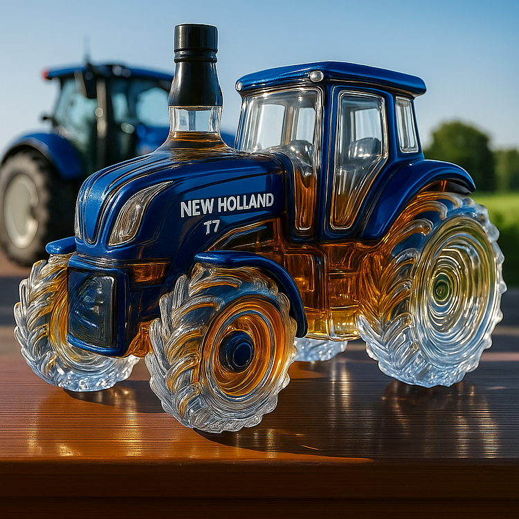 Klassische Whiskykaraffe in Form eines New Holland T7 Traktors