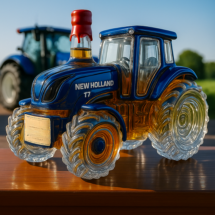Klassische Whiskykaraffe in Form eines New Holland T7 Traktors
