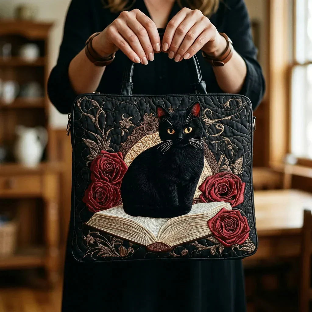 Gesteppte Artisan-Tasche – Schwarze Katze auf Büchern