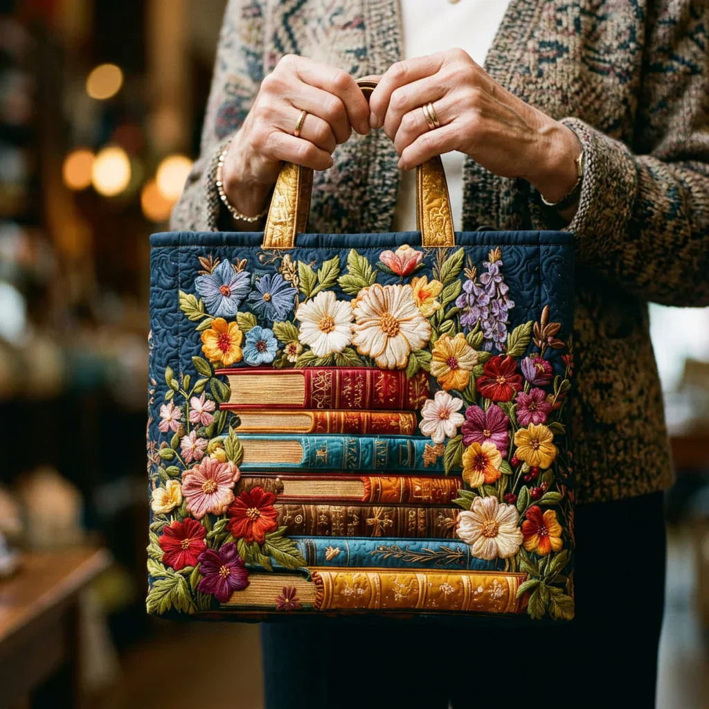 Handgefertigte Tragetasche – Blumenmuster und Bücher