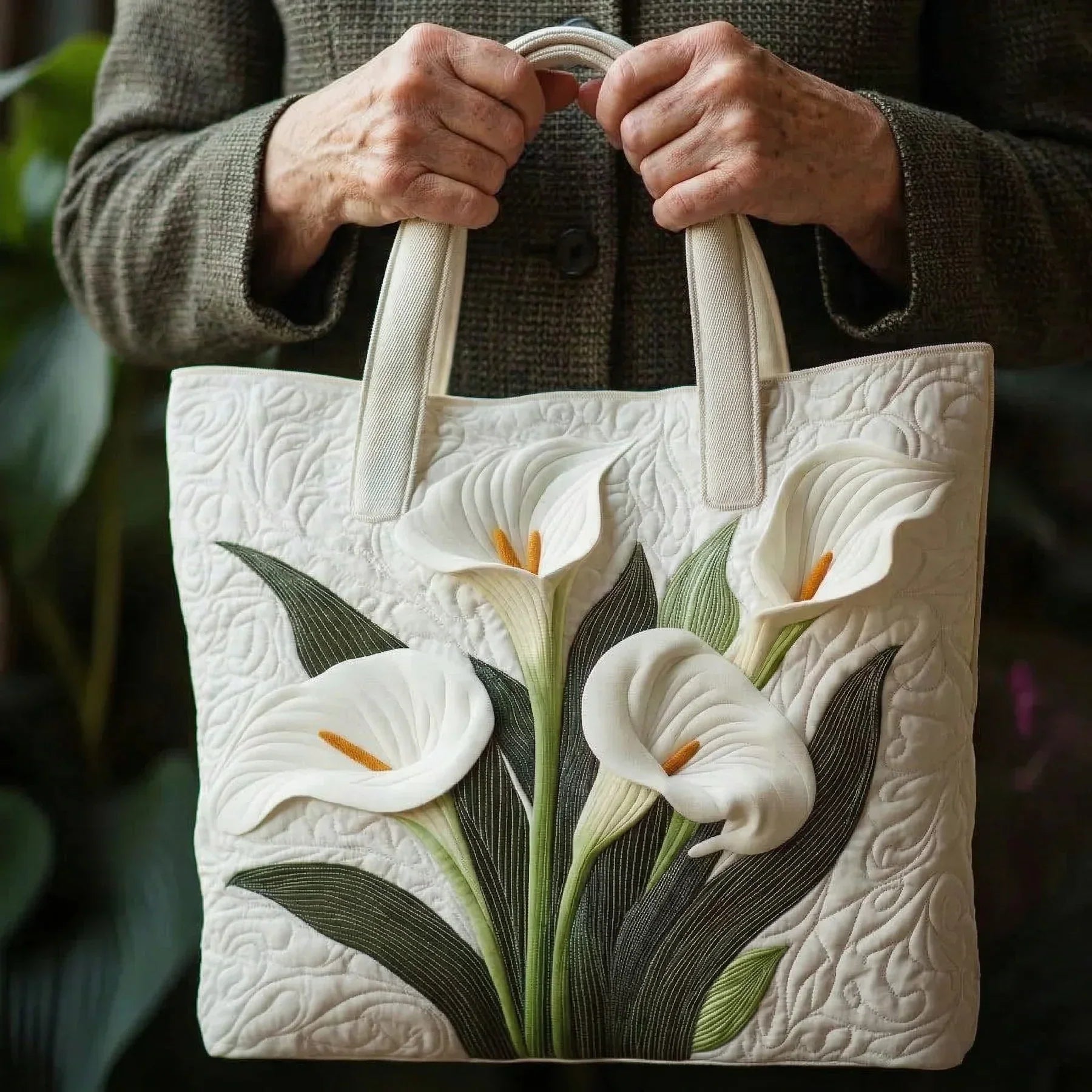 Gesteppte Artisan-Tasche – Weiße Lilien