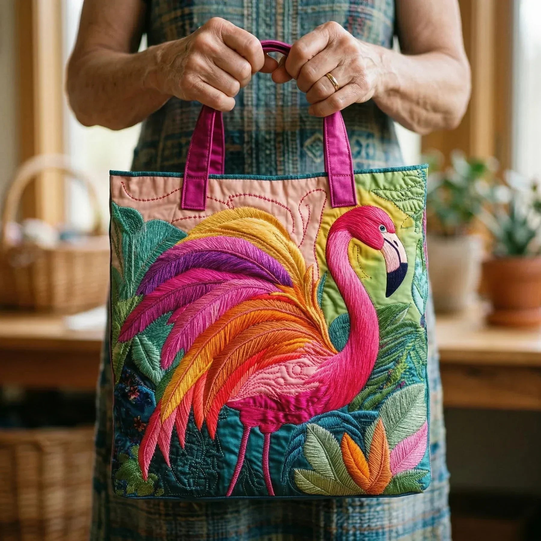 Gesteppte Tragetasche – Regenbogen-Flamingo