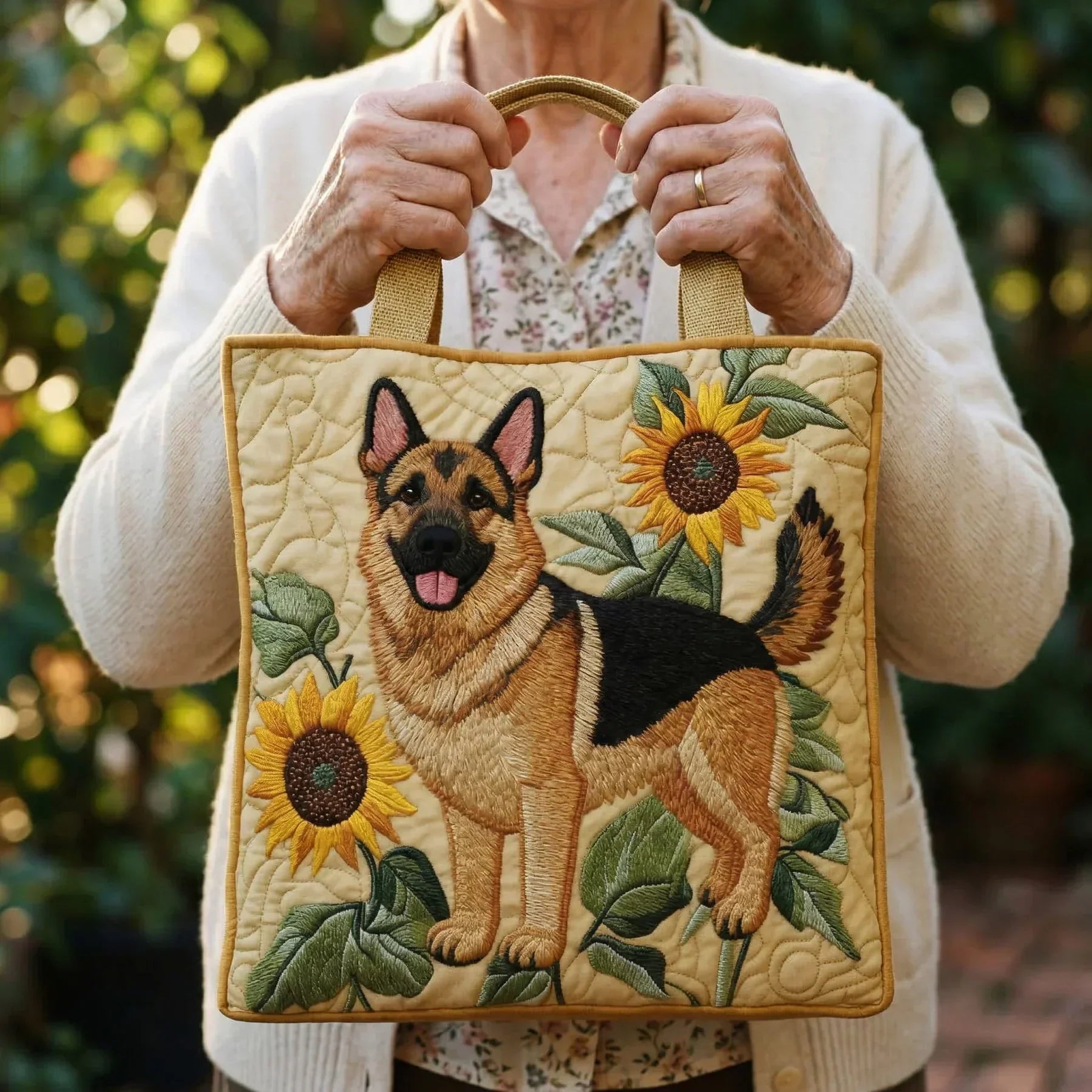 Handgefertigte Tasche – Deutscher Schäferhund mit Blumenmuster